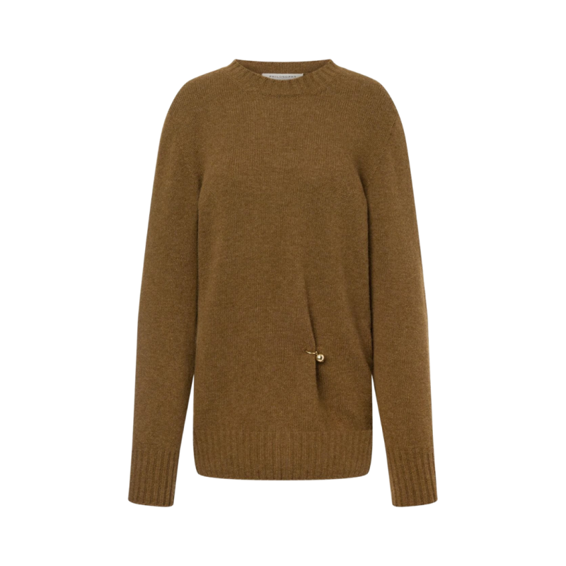 Pull long col rond beige...